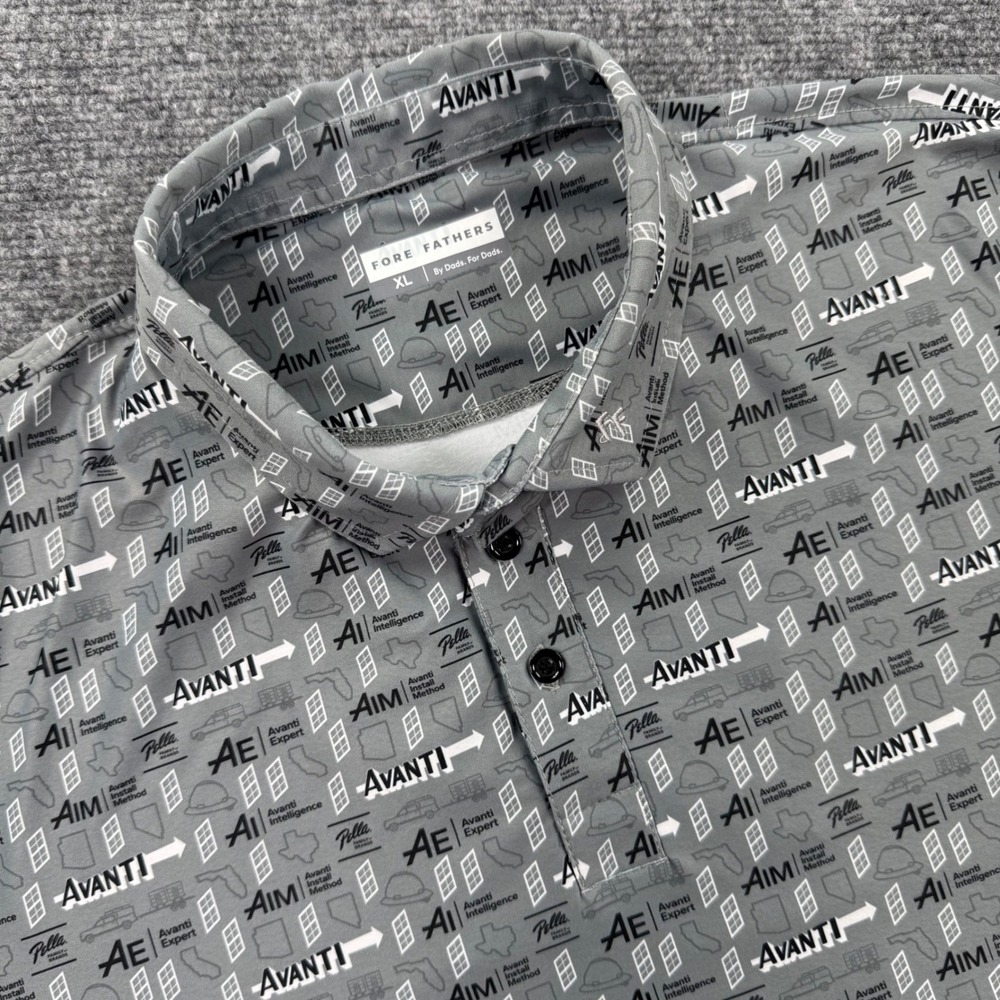 Fore Fathers Polo Shirt XL Gray Avanti Pella Windows Novelty Print Mens